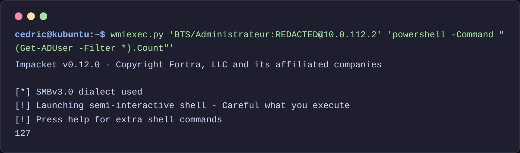Commande PowerShell via wmiexec — comptage des utilisateurs AD