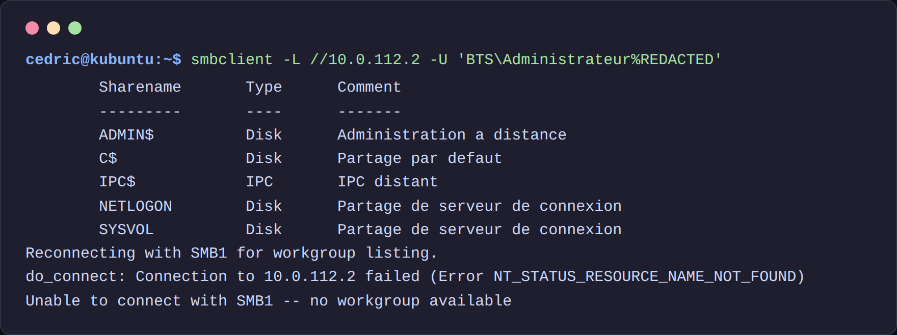Liste des partages SMB sur DC1