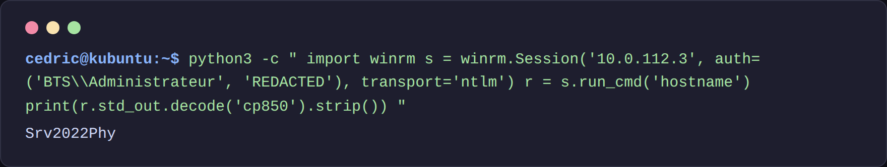 Connexion WinRM réussie vers DC2 via pywinrm