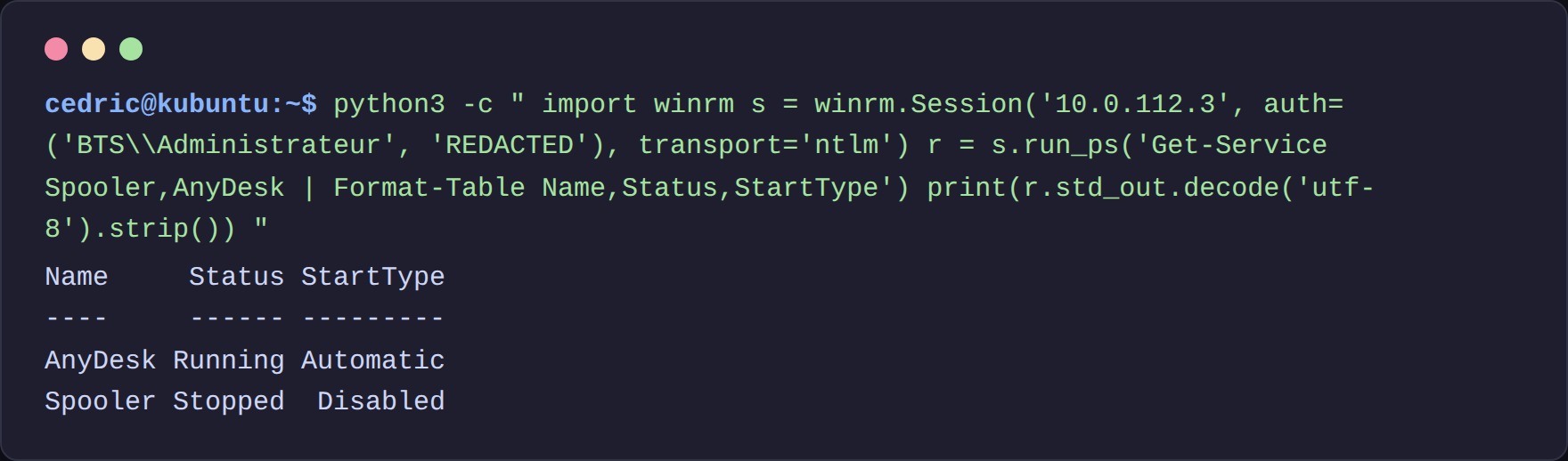 Commande PowerShell via WinRM — état des services sur DC2