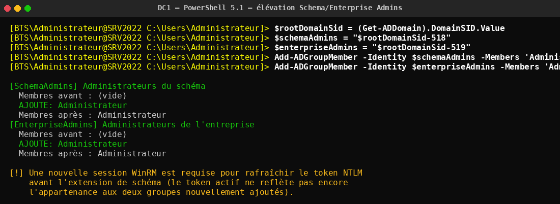Ajout temporaire aux groupes Schema Admins et Enterprise Admins