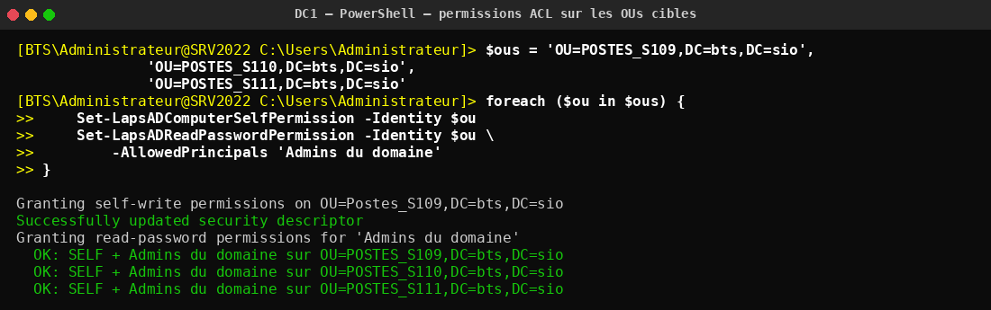 Délégation SELF/WriteProperty et ReadPassword sur les trois OUs