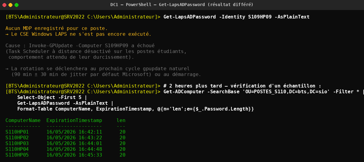 Get-LapsADPassword : résultat différé puis rotation effective après 2 h