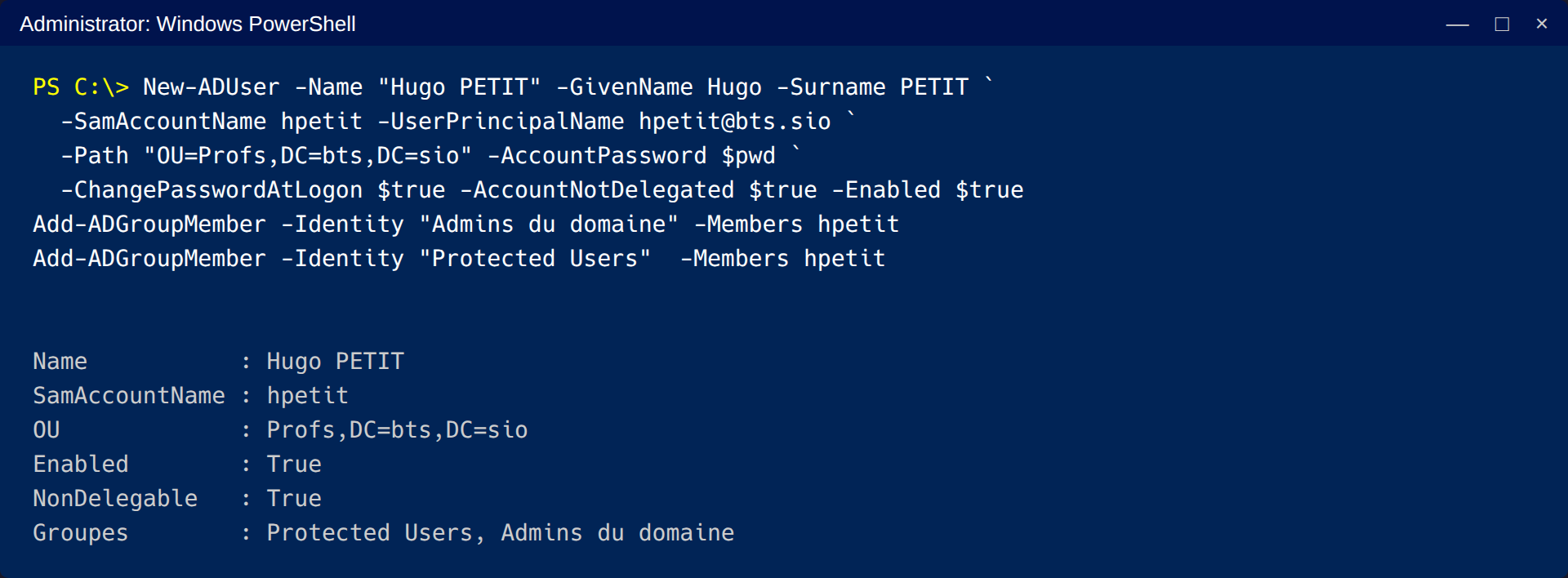 Création du compte d'administration hpetit : ajout à « Admins du domaine » et à Protected Users, drapeau non délégable.