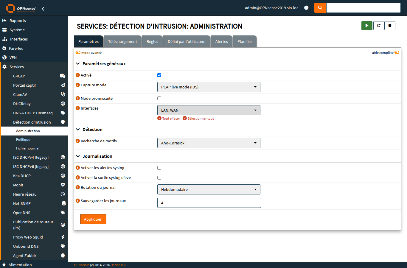 Page Administration IDS : parametres generaux et interfaces surveillees.