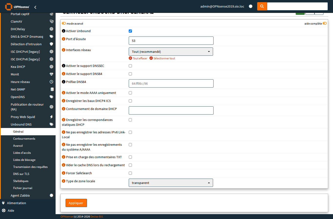 Page Unbound DNS General : configuration DNSSEC et journalisation.
