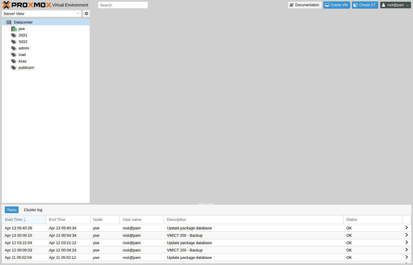 Interface ProxMox : arborescence des 29 CT et taches recentes.