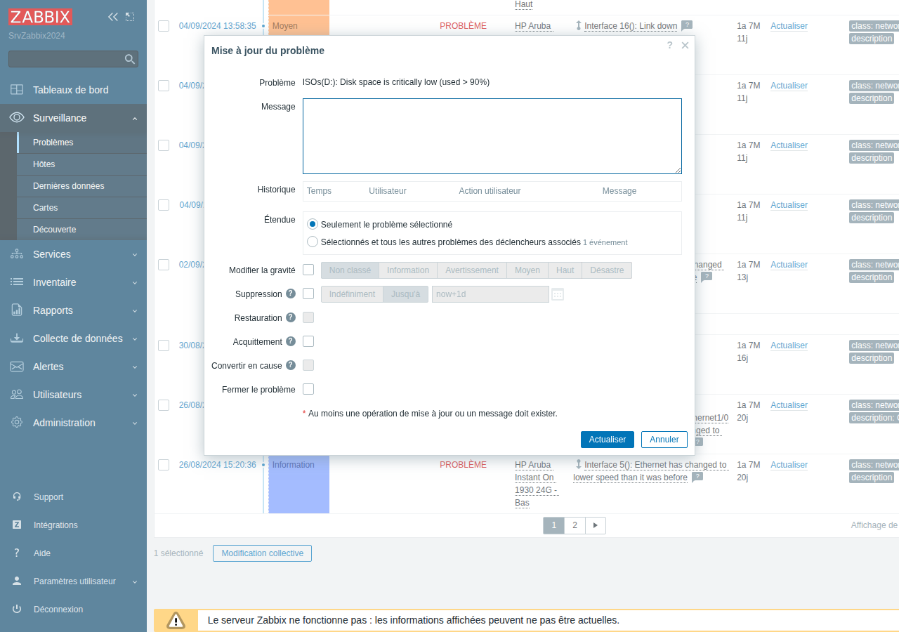 Fenetre d'acquittement d'un probleme