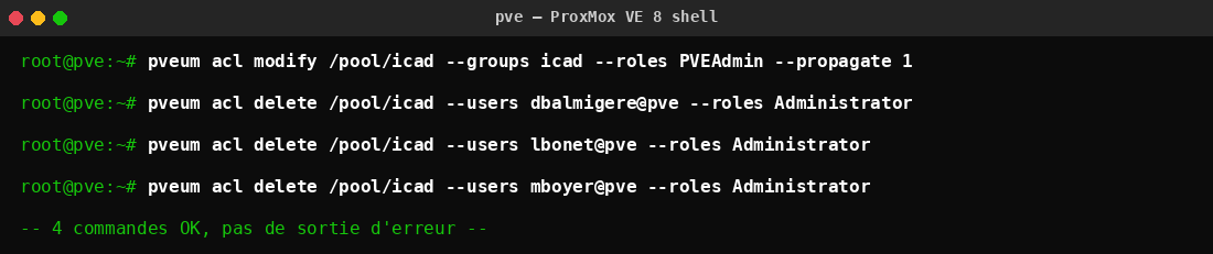 Sequence complete T16 : une commande d'ajout au groupe, trois commandes de retrait