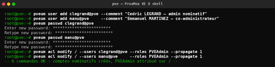 Creation des deux comptes nominatifs et attribution du role PVEAdmin