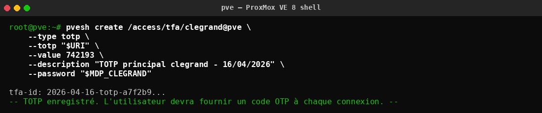 Enregistrement du facteur TOTP via pvesh