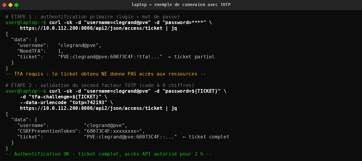 Deroule d'une connexion avec TOTP cote API : phase 1 ticket partiel, phase 2 ticket complet