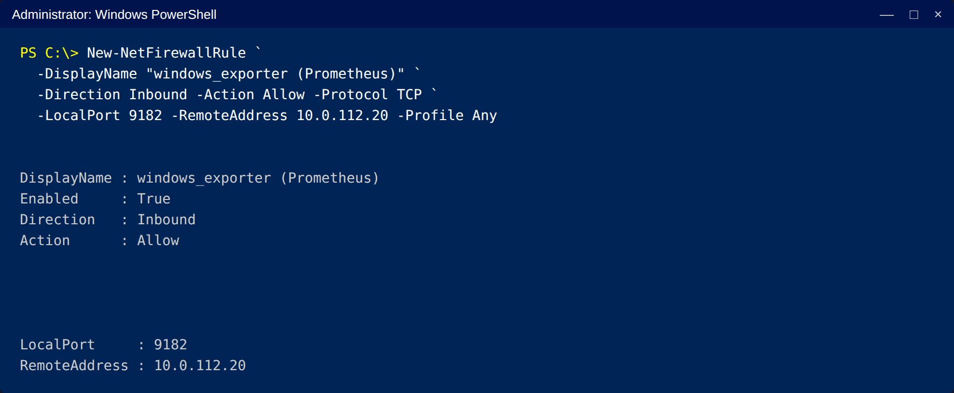 Règle de pare-feu entrante du DC1 : port 9182 autorisé uniquement depuis le serveur Prometheus (10.0.112.20).