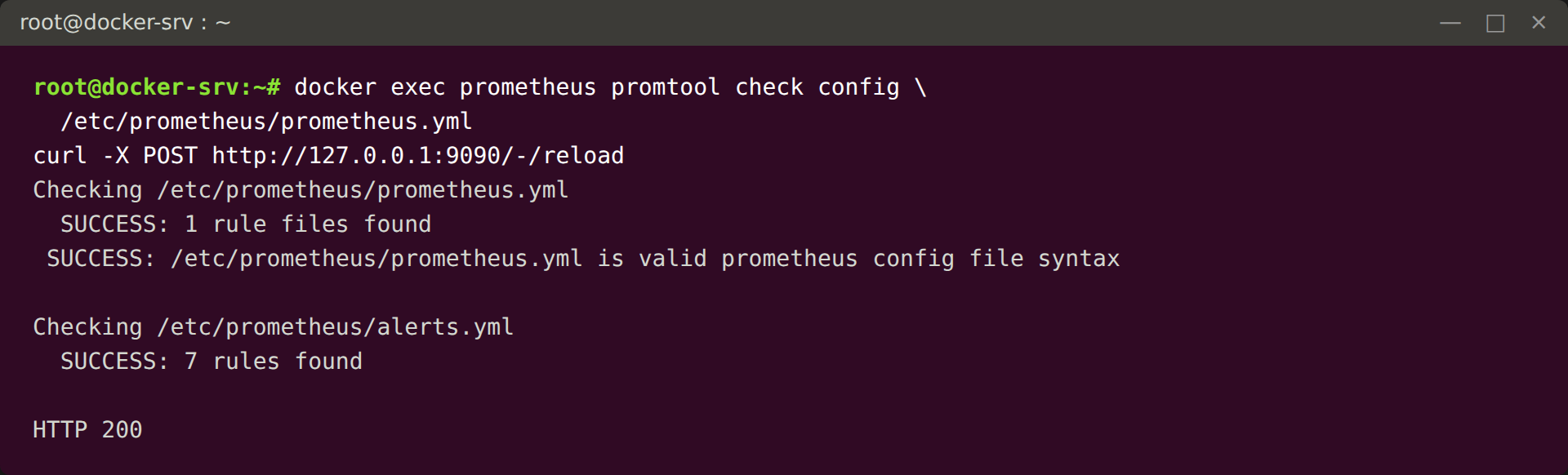Validation de la configuration par promtool puis rechargement à chaud : aucun redémarrage du conteneur n'est nécessaire.