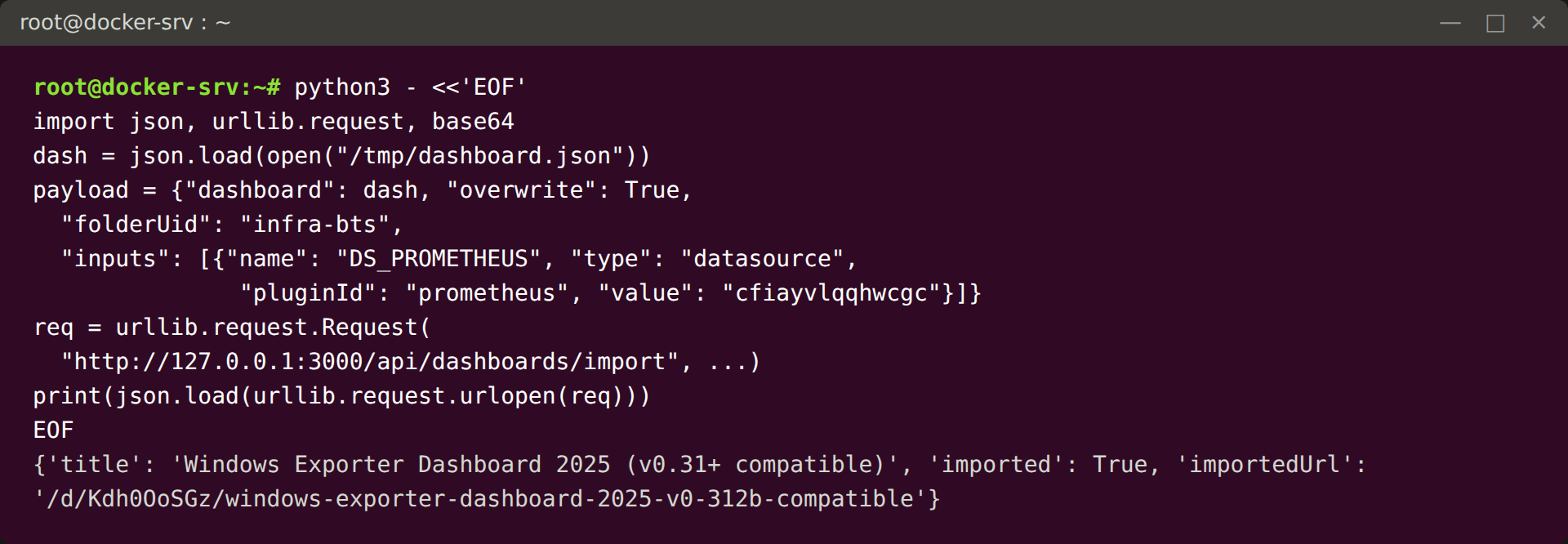 Import du dashboard par l'API avec liaison de la datasource : la réponse retourne le titre et l'URL du dashboard importé.