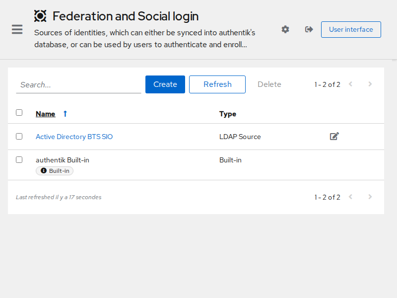 La source LDAP « Active Directory BTS SIO » dans la liste des sources d'Authentik.