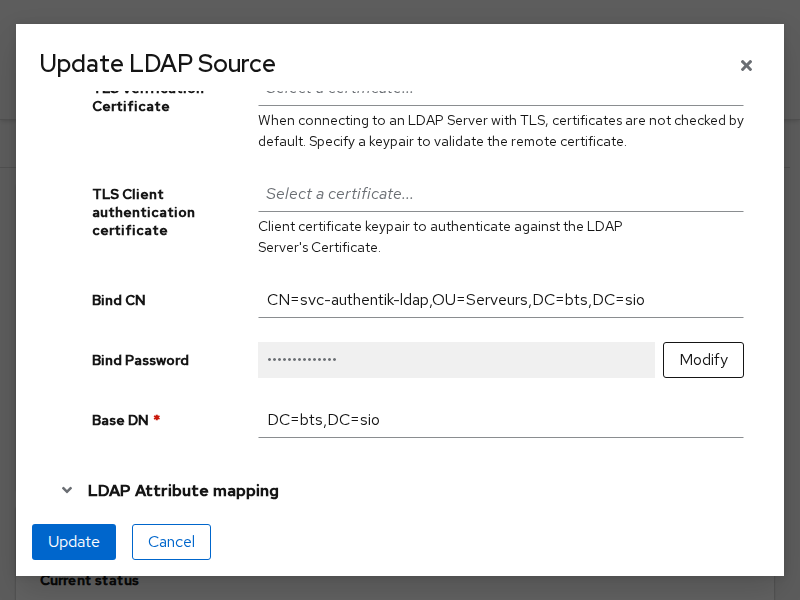 La source LDAP après bascule : le bind n'utilise plus le compte Administrateur du domaine mais le compte de service en lecture seule.
