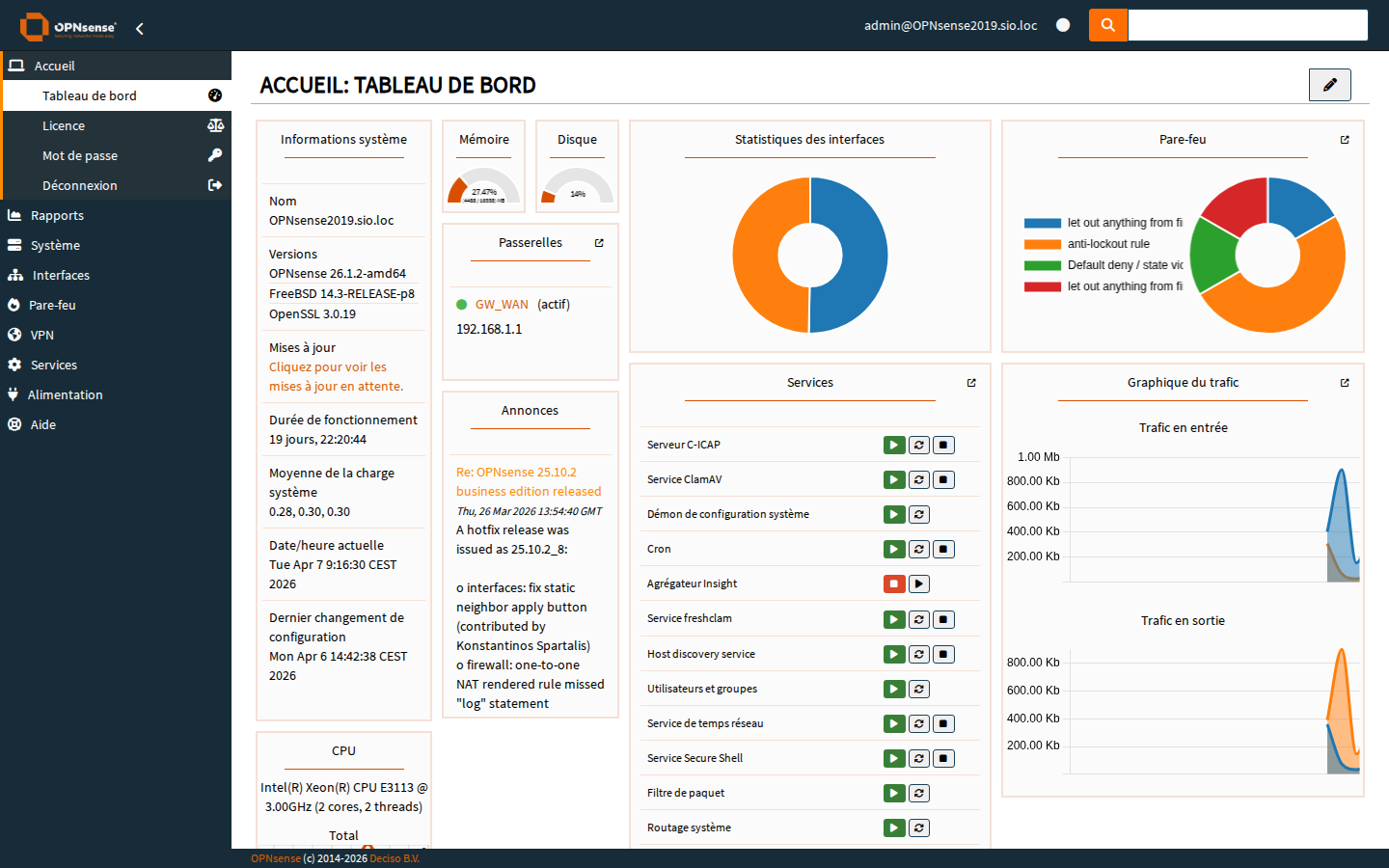 Tableau de bord OPNsense après authentification