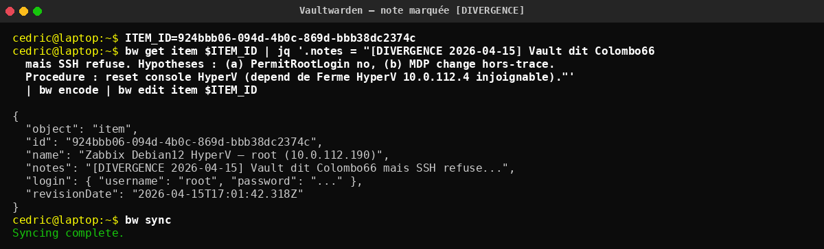 Note Vaultwarden mise a jour avec le prefixe DIVERGENCE et la procedure programmee