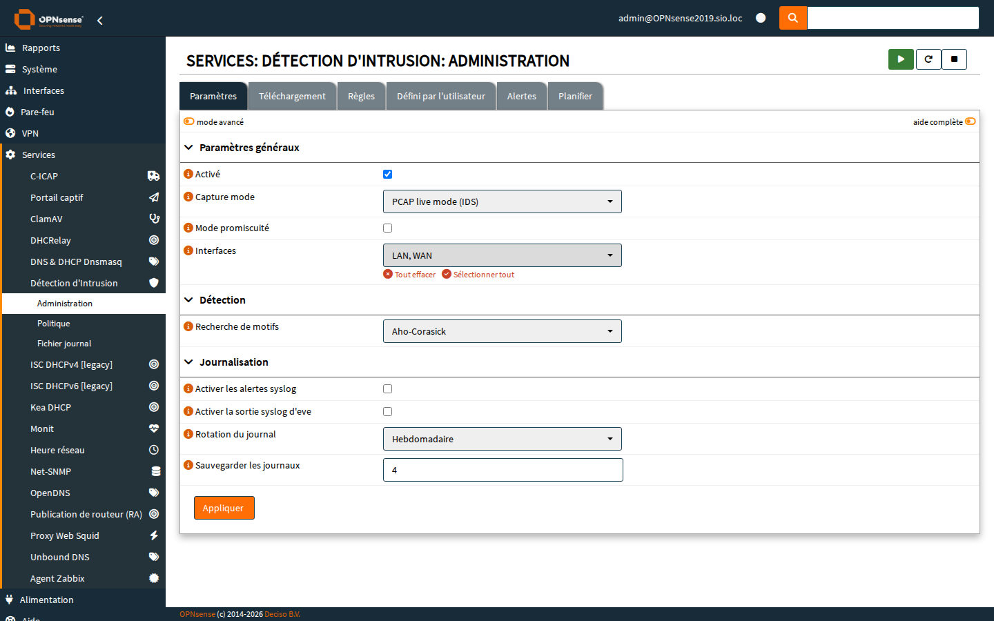 Etat du module Suricata avant intervention — service actif, mode PCAP IDS
